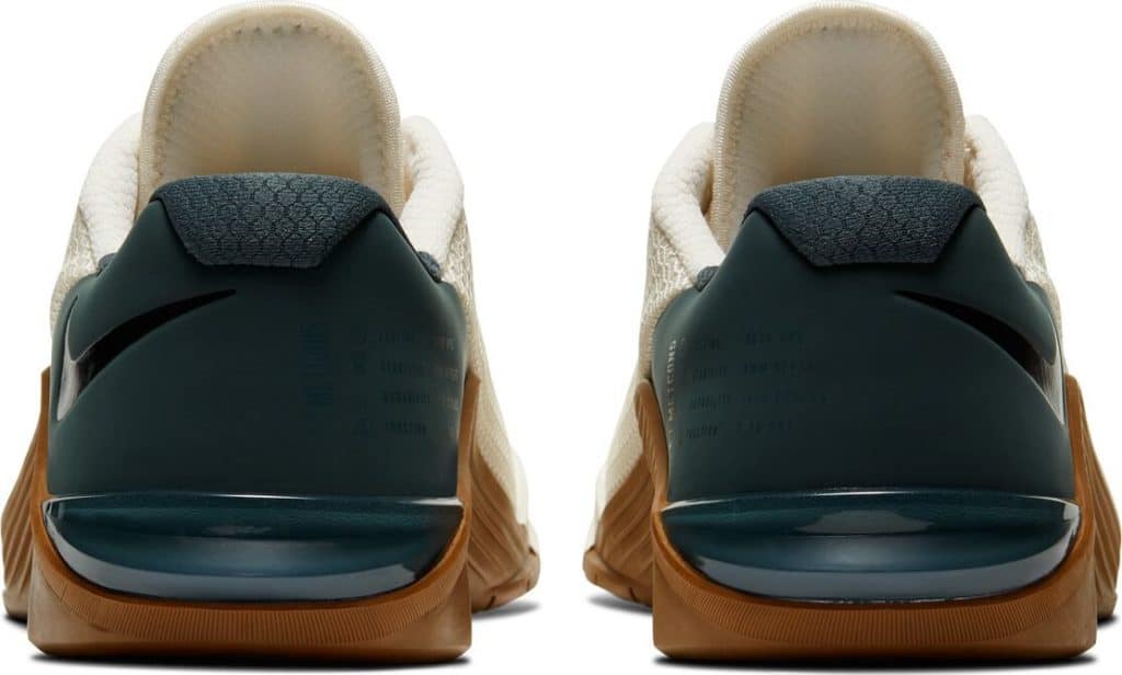 Heel close-up of the Nike Metcon 5 CrossFit Shoe for 2020 in Ivory/Gum colorway