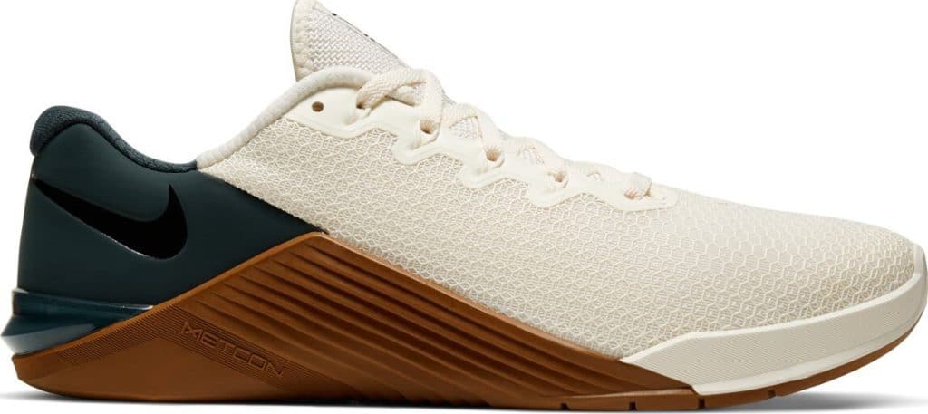 Opposite side view of the Nike Metcon 5 CrossFit Shoe for 2020 in Ivory/Gum colorway