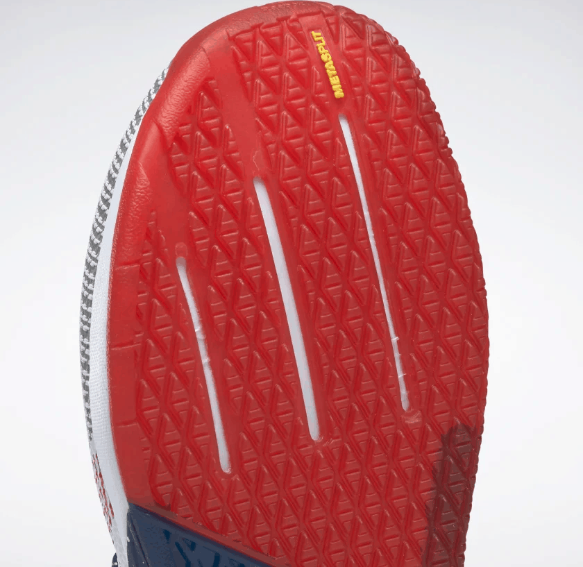 Metasplit closeup of the Reebok Nano 9 Men's Training Shoe for CrossFit - White / Collegiate Navy / Primal Red 