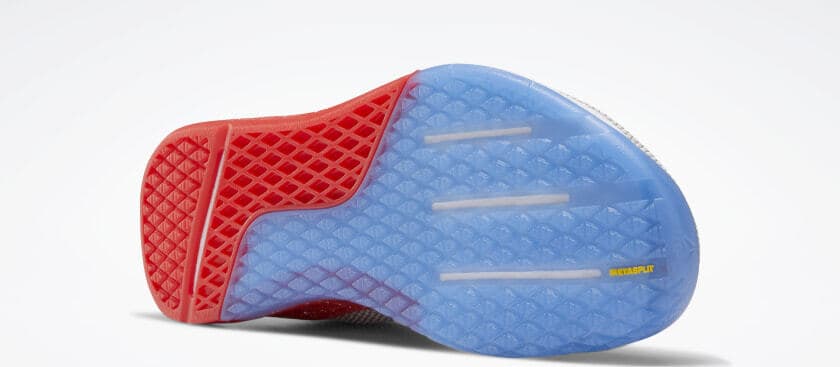 Metasplit closeup of the Reebok Nano 9 Women's Training Shoe for CrossFit - White / Radiant Red / Blue Blast