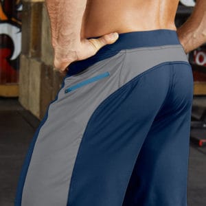 as worn Helix II workout shorts for men from Hylete - Navy/Cool Gray