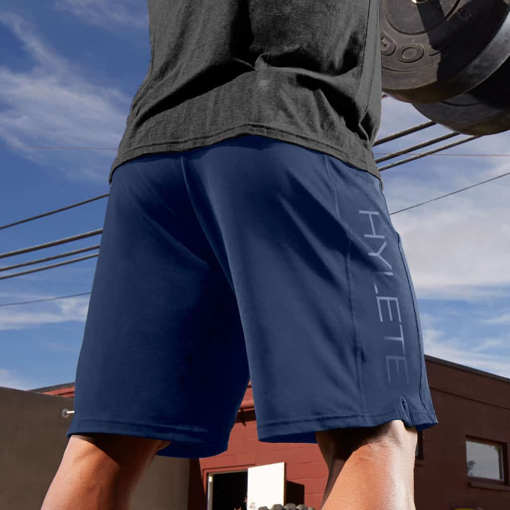 as worn Hylete Vertex II men's workout shorts for the gym - navy
