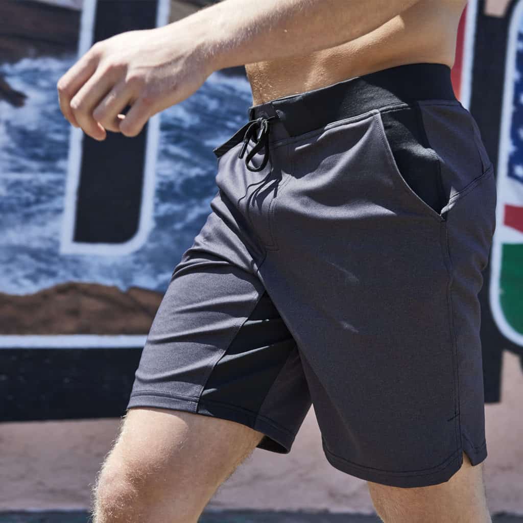 Front as worn of the Hylete Fuse Short - Workout shorts for men in Heather Black/Black