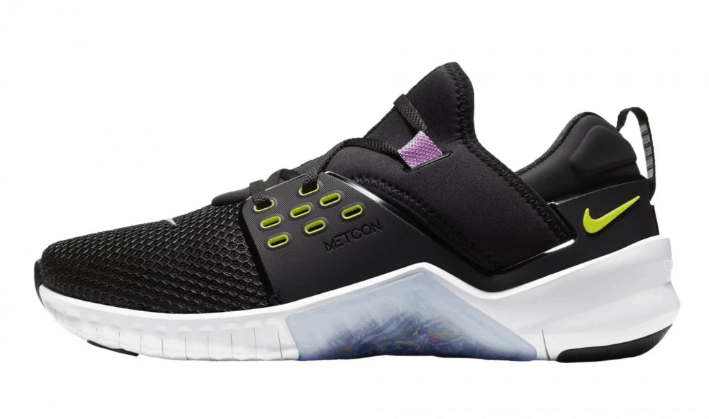 Side view of the Nike Free x Metcon 2 Cross Trainer for Men in BLACK / BRIGHT CACTUS PURPLE / NEBULA / WHITE