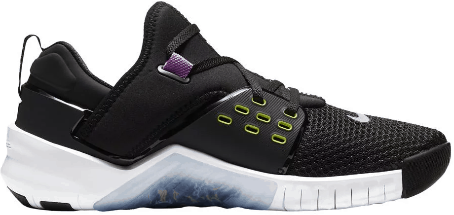 Other side view of the Nike Free x Metcon 2 Cross Trainer for Men in BLACK / BRIGHT CACTUS PURPLE / NEBULA / WHITE