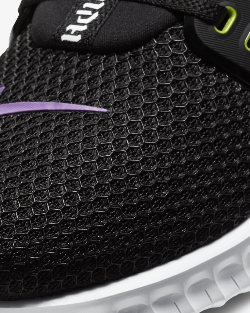 Mesh upper closeup of the Nike Free x Metcon 2 Cross Trainer for CrossFit in Black/Purple Nebula/White/Bright Cactus