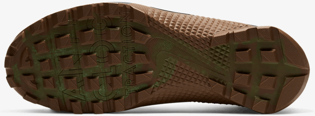 Outsole closeup of the Nike MetconSF shown here in Seaweed/Light British Tan/Green Spark/Black