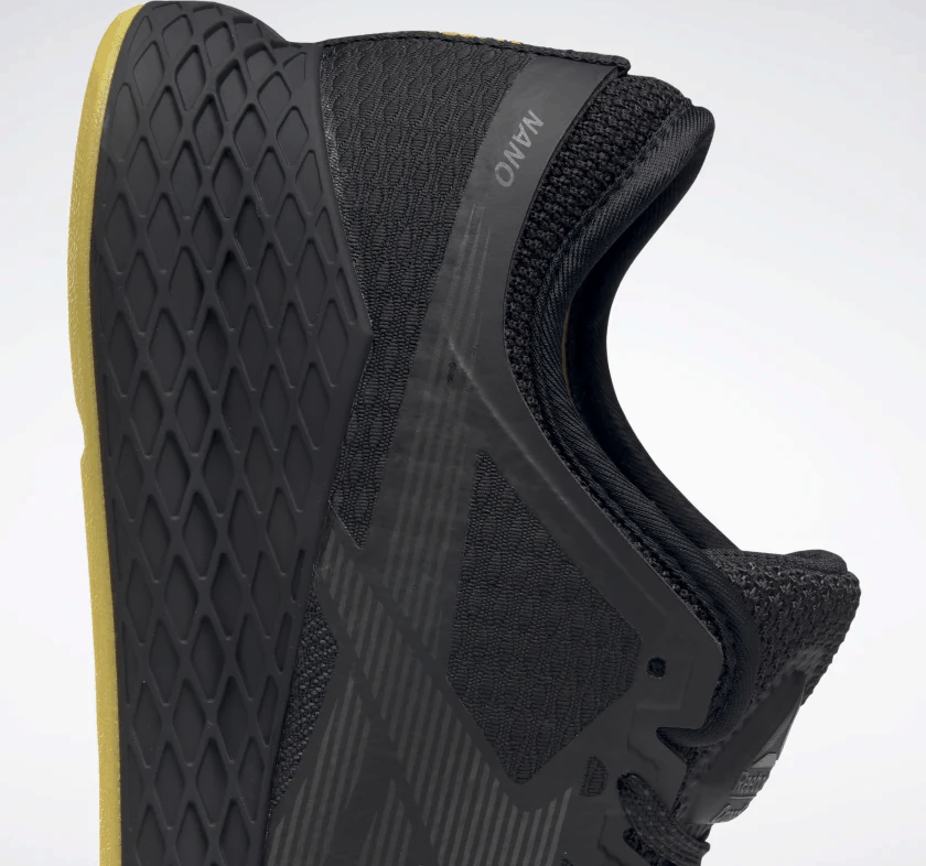 Heel closeup of the Reebok Nano 9 Beast Men's CrossFit Training Shoe with Jacquard Upper - Black / True Grey 8 / Toxic Yellow