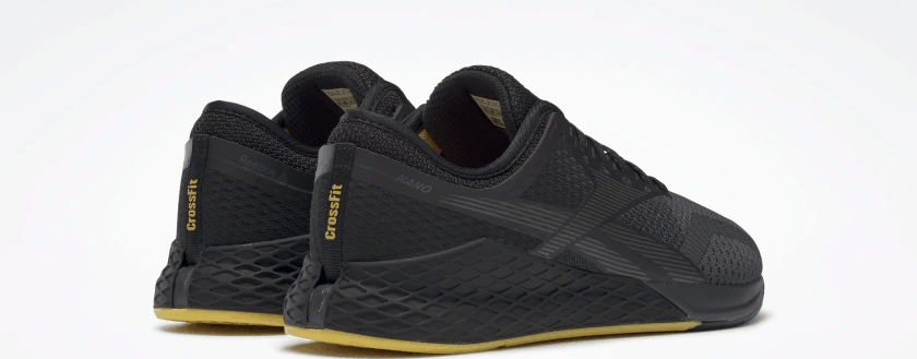 Heel view of the Reebok Nano 9 Beast Men's CrossFit Training Shoe with Jacquard Upper - Black / True Grey 8 / Toxic Yellow