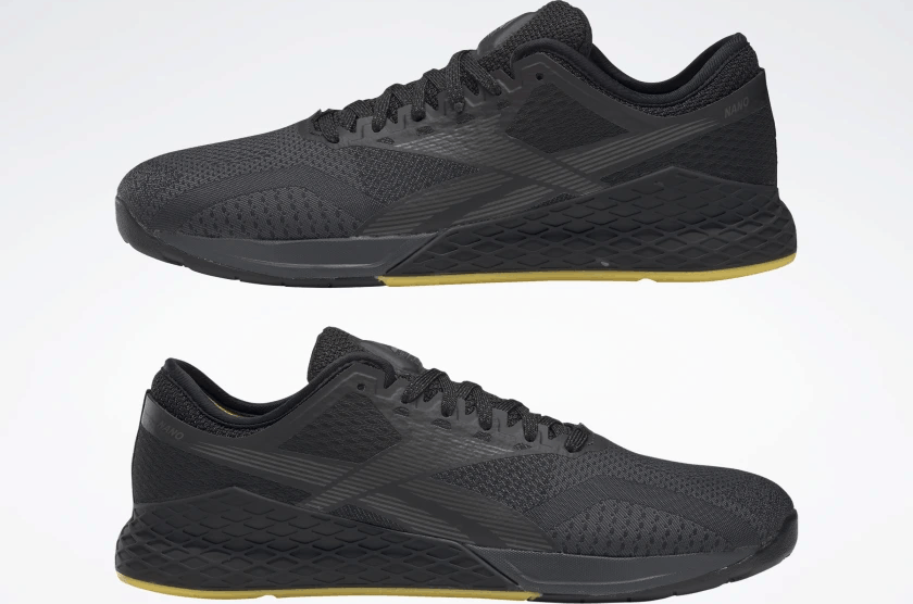 left and right of the Reebok Nano 9 Beast Men's CrossFit Training Shoe with Jacquard Upper - Black / True Grey 8 / Toxic Yellow