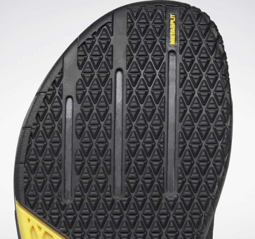 Outsole closeup of the Reebok Nano 9 Beast Men's CrossFit Training Shoe with Jacquard Upper - Black / True Grey 8 / Toxic Yellow