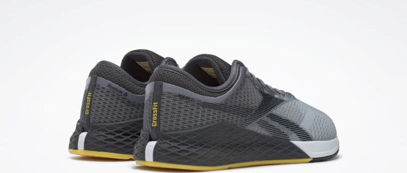 Heel view of the Reebok Nano 9 Beast Men's CrossFit Training Shoe with Jacquard Upper - Cold Grey 4 / Cold Grey 7 / Toxic Yellow