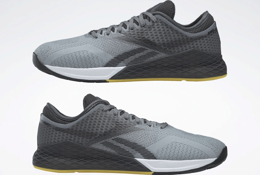 left and right of the Reebok Nano 9 Beast Men's CrossFit Training Shoe with Jacquard Upper - Cold Grey 4 / Cold Grey 7 / Toxic Yellow