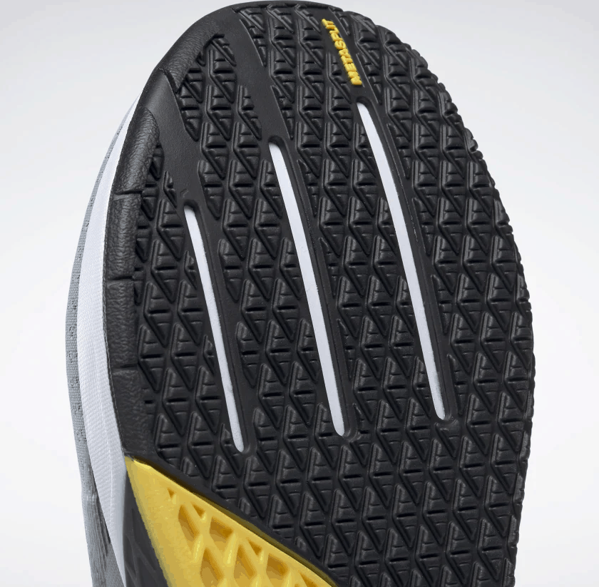 Outsole closeup of the Reebok Nano 9 Beast Men's CrossFit Training Shoe with Jacquard Upper - Black / True Grey 8 / Toxic Yellow