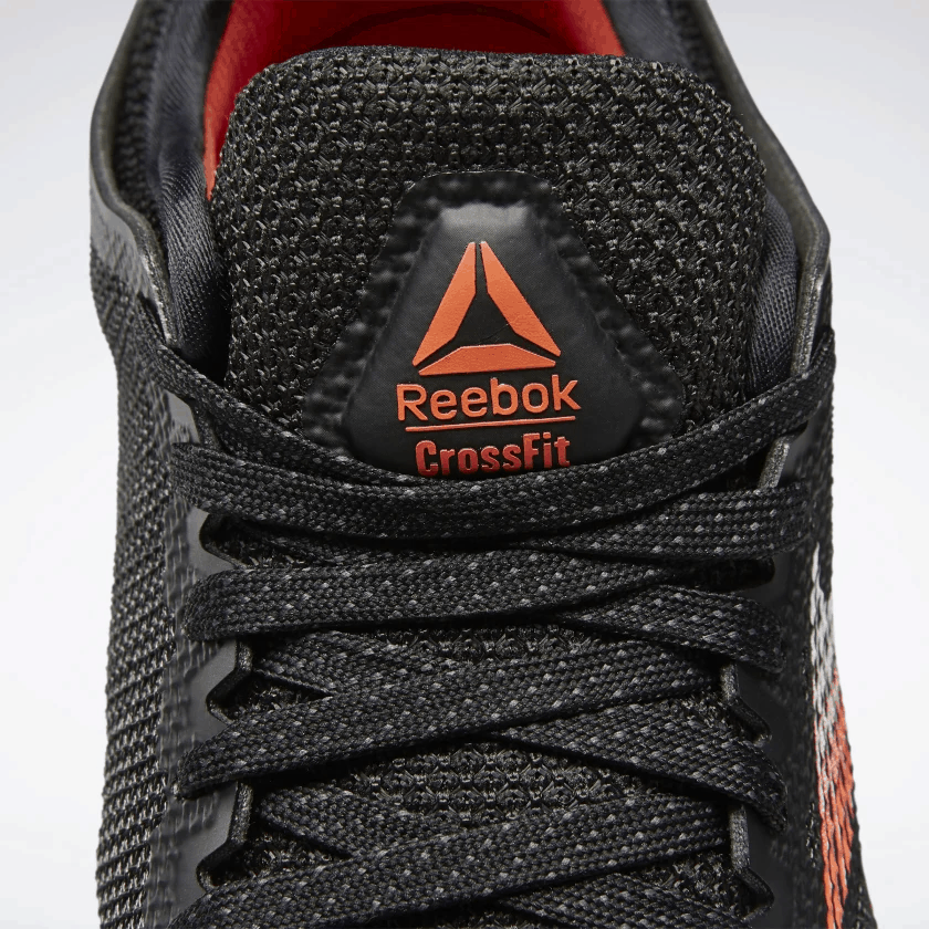 Tongue and laces of the Reebok Nano 9 Men's CrossFit Training Shoe in Black/White/Vivid Orange