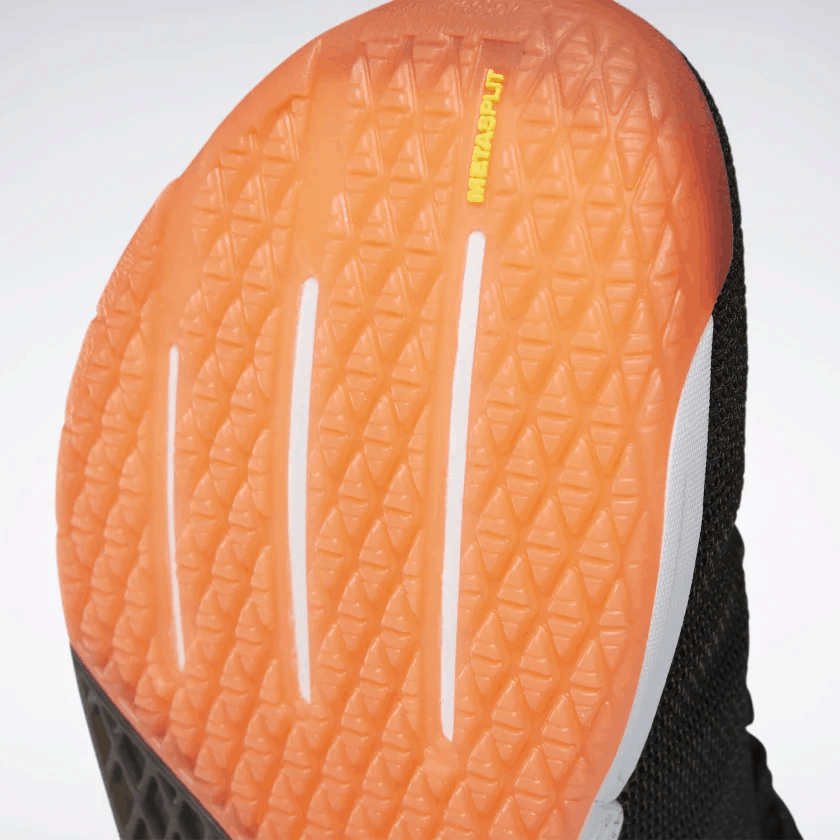 sole closeup of the Reebok Nano 9 Men's CrossFit Training Shoe in Black/White/Vivid Orange