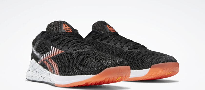 Quarter view of the Reebok Nano 9 Men's CrossFit Training Shoe in Black/White/Vivid Orange