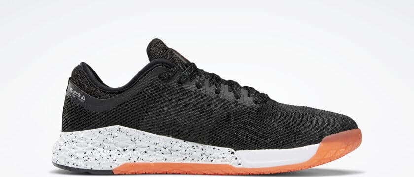 Side view of the Reebok Nano 9 Men's CrossFit Training Shoe in Black/White/Vivid Orange