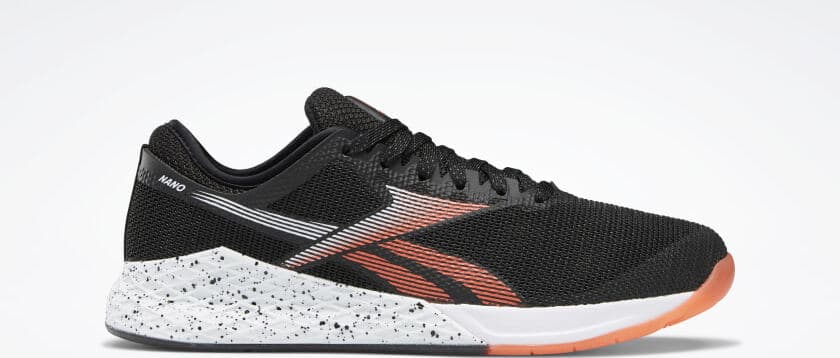 Side view of the Reebok Nano 9 Men's CrossFit Training Shoe in Black/White/Vivid Orange