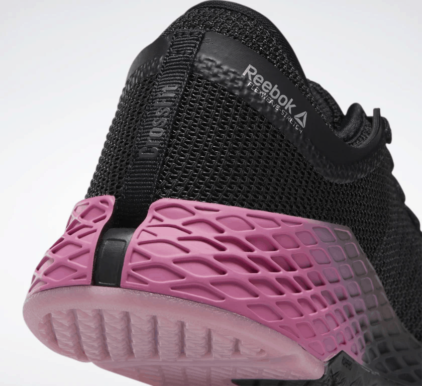 Heel closeup of the Reebok Nano 9 Men's CrossFit Training Shoe in BLACK / COLD GREY 7 / POSH PINK