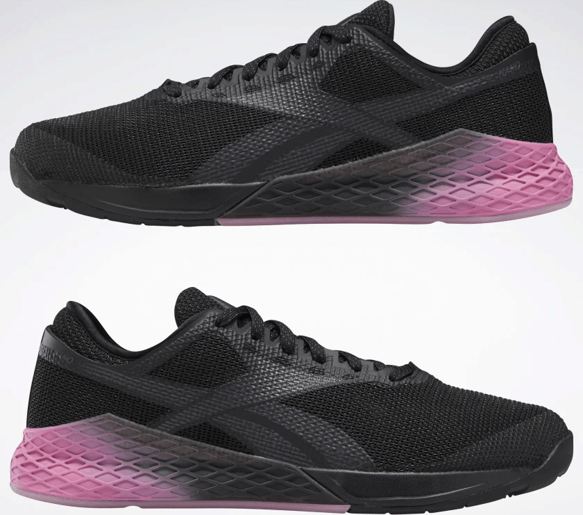 Opposite sides of the Reebok Nano 9 Men's CrossFit Training Shoe in BLACK / COLD GREY 7 / POSH PINK