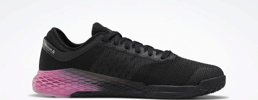 Side profile of the Reebok Nano 9 Men's CrossFit Training Shoe in BLACK / COLD GREY 7 / POSH PINK