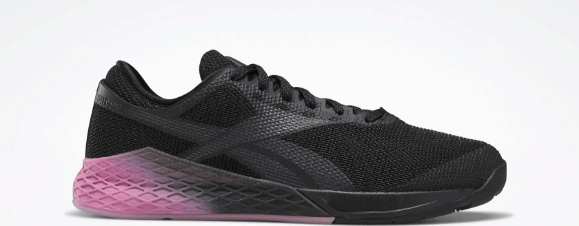 Opposite side profile of the Reebok Nano 9 Men's CrossFit Training Shoe in BLACK / COLD GREY 7 / POSH PINK