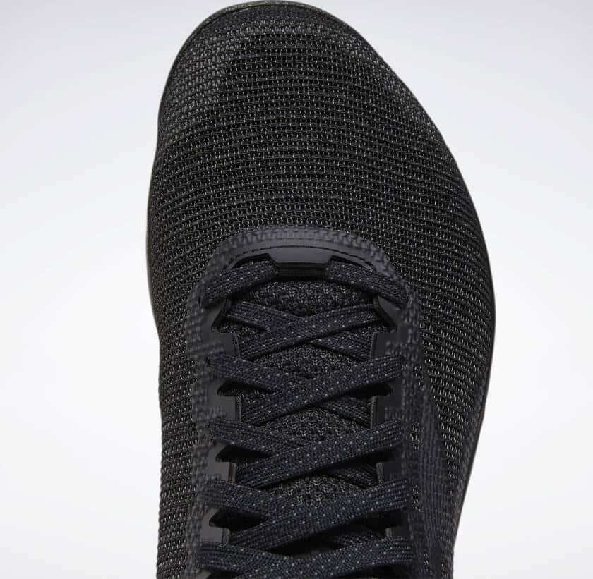 Toebox closeup of the Reebok Nano 9 Men's CrossFit Training Shoe in BLACK / COLD GREY 7 / POSH PINK