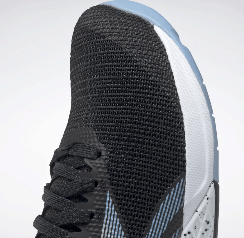 Closeup of the Reebok Nano 9 Women's Training Shoe for CrossFit in Black/Fluid Blue/Lemon Glow