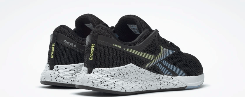 Heel view of the Reebok Nano 9 Women's Training Shoe for CrossFit in Black/Fluid Blue/Lemon Glow