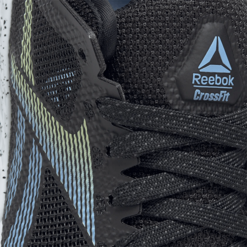Laces closeup of the Reebok Nano 9 Women's Training Shoe for CrossFit in Black/Fluid Blue/Lemon Glow