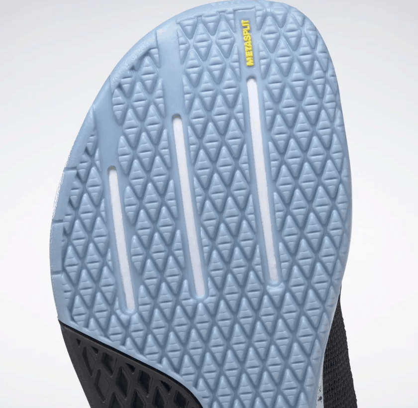 Metasplit outsole closeup of the Reebok Nano 9 Women's Training Shoe for CrossFit in Black/Fluid Blue/Lemon Glow