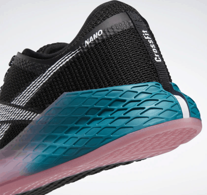 Heel closeup of the Reebok Nano 9 Women's CrossFit Training Shoe in BLACK / SEAPORT TEAL / POSH PINK