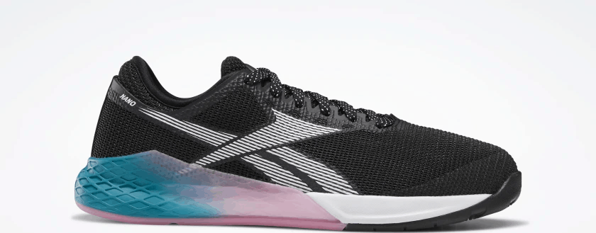 Side profile of the Reebok Nano 9 Women's CrossFit Training Shoe in BLACK / SEAPORT TEAL / POSH PINK