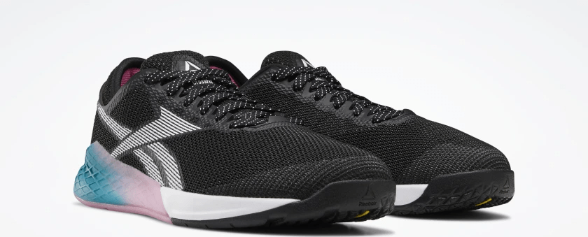 Quarter view of the Reebok Nano 9 Women's CrossFit Training Shoe in BLACK / SEAPORT TEAL / POSH PINK