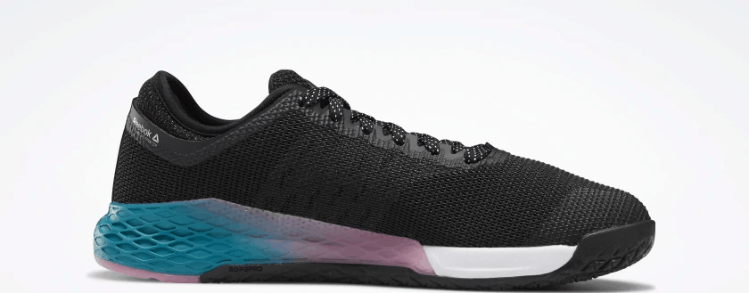 Side profile of the Reebok Nano 9 Women's CrossFit Training Shoe in BLACK / SEAPORT TEAL / POSH PINK