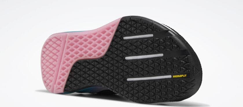 Outsole view of the Reebok Nano 9 Women's CrossFit Training Shoe in BLACK / SEAPORT TEAL / POSH PINK