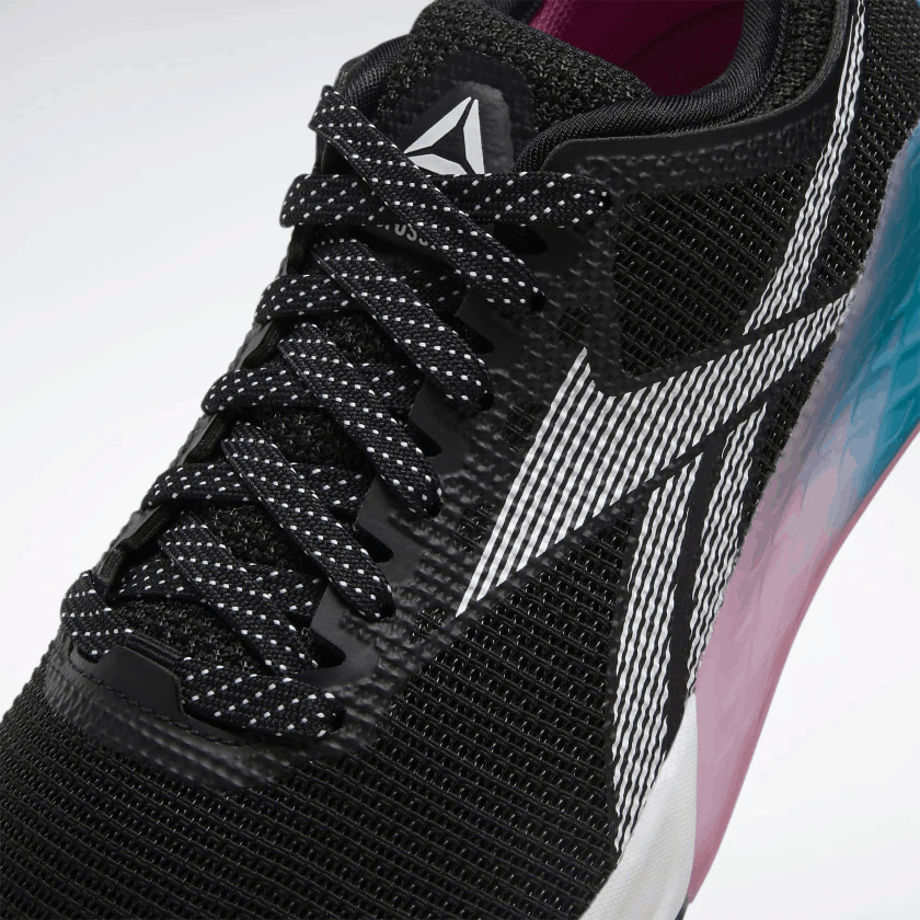 Flexweave upper closeup of the Reebok Nano 9 Women's CrossFit Training Shoe in BLACK / SEAPORT TEAL / POSH PINK