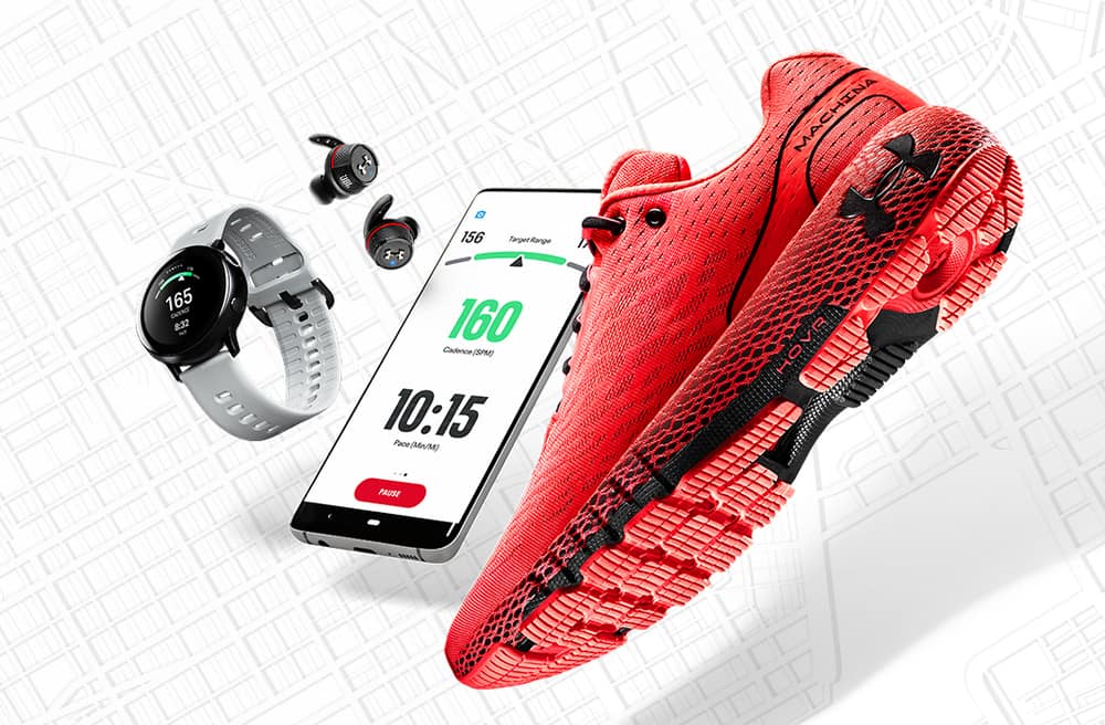 Shoe and watch and phone of the UA HOVR Machina Running Shoe