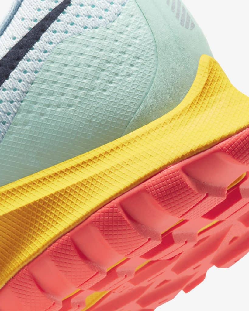 Sole closeup of the Nike Air Zoom Pegasus 36 Trail Running Shoe in Aura/Light Armory Blue/Mint Foam/Blackened Blue