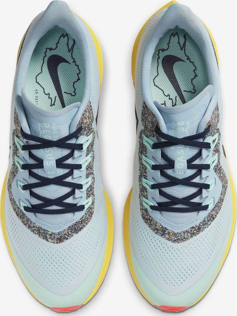 Top view of the Nike Air Zoom Pegasus 36 Trail Running Shoe in Aura/Light Armory Blue/Mint Foam/Blackened Blue