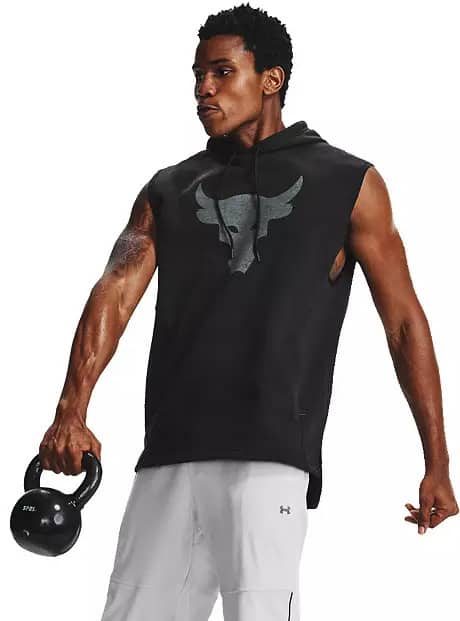 Under Armour Men's Project Rock Charged Cotton® Sleeveless Hoodie quarter with a barbell-crop