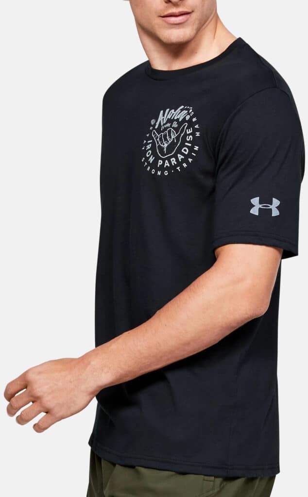 Under Armour Men's Project Rock Iron Paradise Short Sleeve worn quarter view-crop