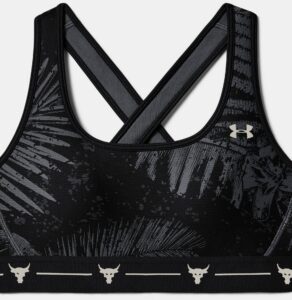 Under Armour Women's Project Rock Armour Mid Crossback Printed Sports Bra front close up-crop