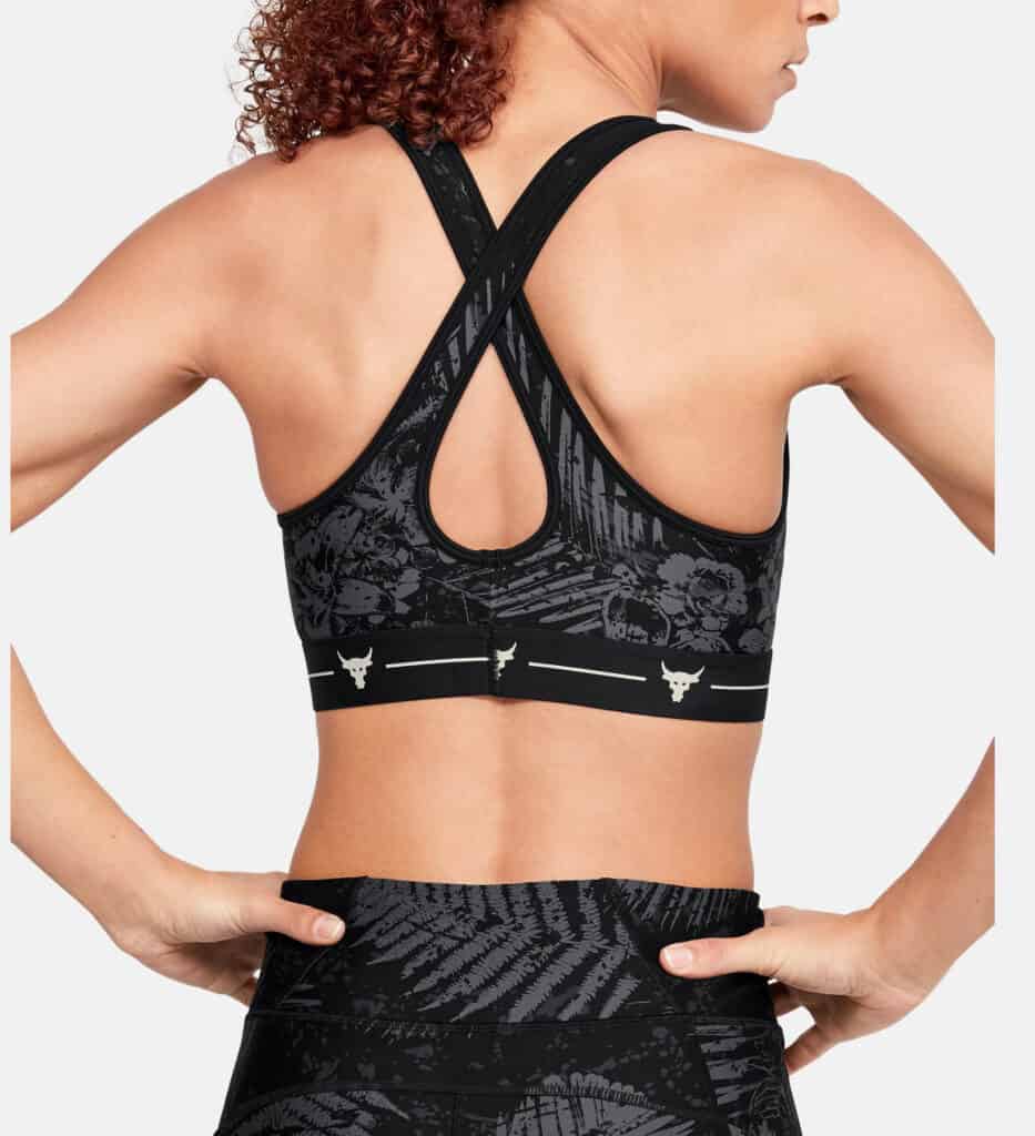 Under Armour Women's Project Rock Armour Mid Crossback Printed Sports Bra worn back-crop