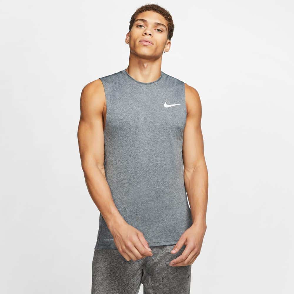 Nike Mens Pro Sleeveless Top Gray Particle Gray front view worn