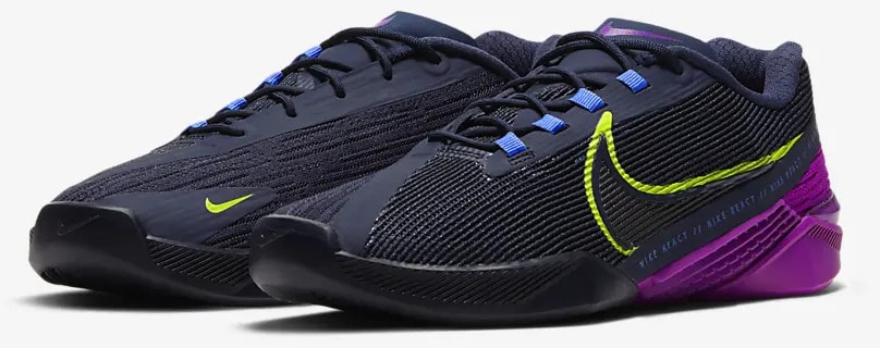 Nike React Metcon Turbo Womens Training Shoe Blackened Blue Red Plum Sapphire Cyber quarter view left pair