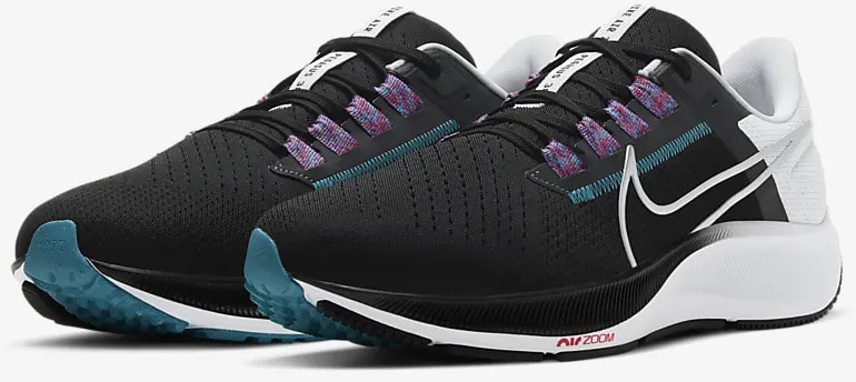 Nike Air Zoom Pegasus 38 Black-White-Chlorine Blue-Metallic Silver quarter view pair