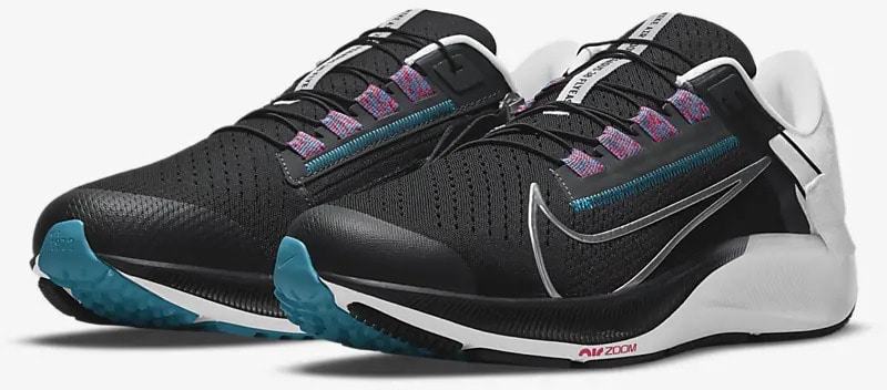 Nike Air Zoom Pegasus 38 FlyEase Black-White-Chlorine Blue-Metallic Silver quarter view left