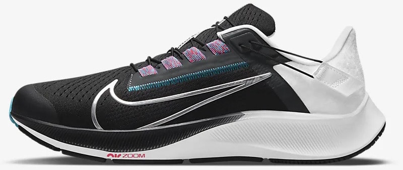 Nike Air Zoom Pegasus 38 FlyEase Black-White-Chlorine Blue-Metallic Silver side view left